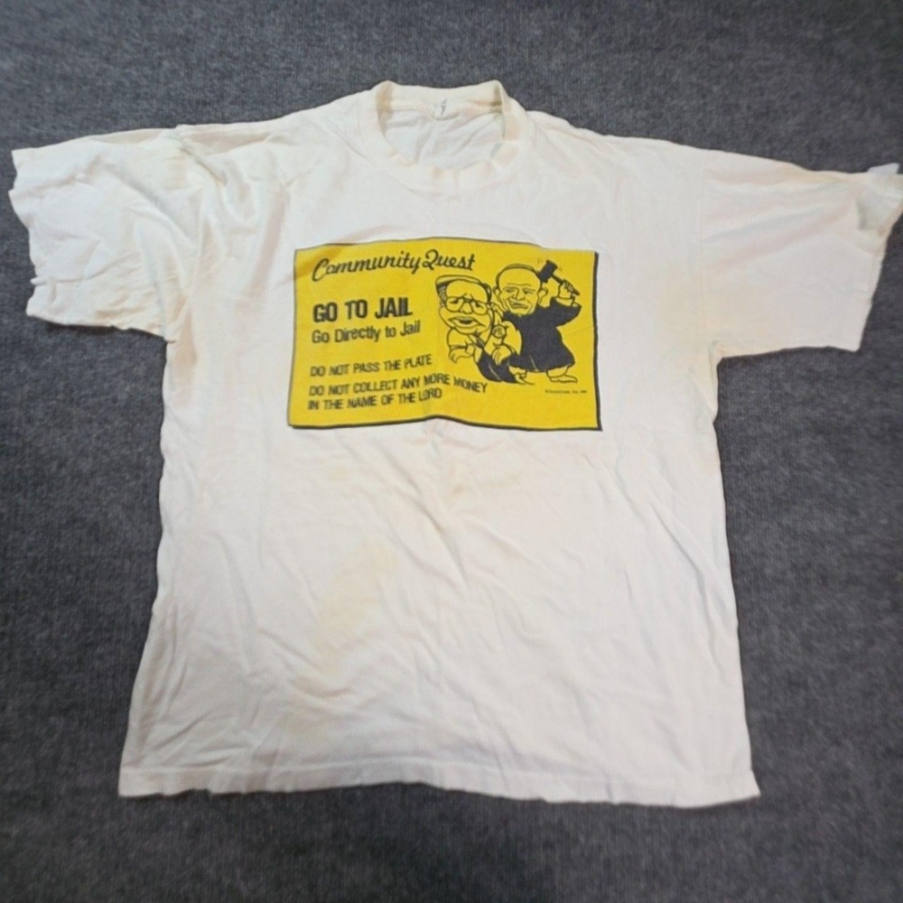 Vintage Community Quest Shirt Mens XL White Go To Jail Religious Parody Felton